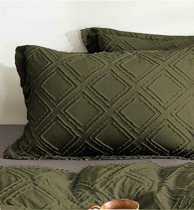 Nanko Queen Size Comforter Set Olive Green Tufted Jacquard Boho Geometry Soft Shabby Chic Down Alternative Microfiber Bedding - All Season Duvet Modern Farmhouse Bed Set Women Men 90x90 3pc Dark Green
