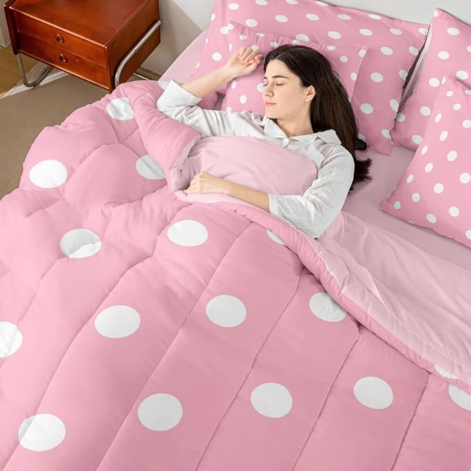 Feelyou Polka Dot 7 Piece Bedding Set Pink White Comforter Set with Sheets for Kids Boys Girls Geometric Plaid Bed in a Bag Modern Cute Bed Set Soft Lightweight