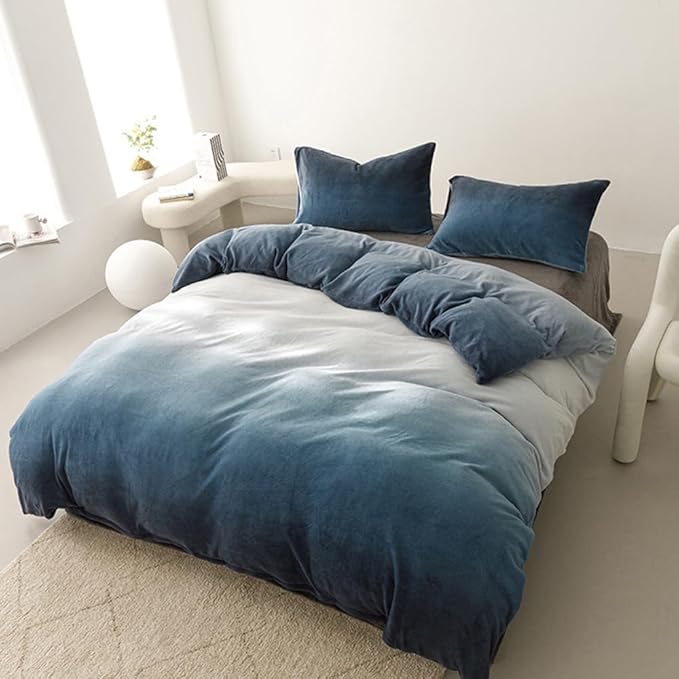 CLOTHKNOW Blue and White Velvet Full Size Comforter Sets 3Pcs Fluffy Bedding Comforter Sets Soft Dark Blue Comforter with 2 x Pillowcases