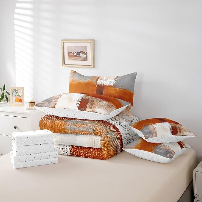 Erosebridal Orange White Gray Bedding Queen Size 7-Piece Oil Painting Comforter Set, Ombre Gradient Bed in a Bag with Flat Sheet and Fitted Sheet Graffiti Abstract Bedding Comforter Sets