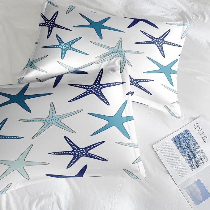 Comforter Set King Size, Coastal Nautical Starfish Soft 3 Pcs Bedding for Kids and Adults, Navy Blue Turquoise Sea Comforter Set with Pillowcase, for Bedroom Bed Decor