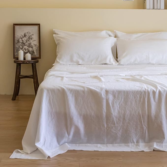 Simple&Opulence Belgian Linen Sheet Set Solid Color - 6 Pieces (1 Flat Sheet & 1 Fitted Sheet & 4 Pillowcases) 16" Deep Pocket Natural Flax Cotton Blended Soft Bedding - White, California King