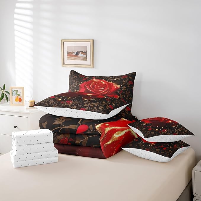 Erosebridal Red and Gold Rose Comforter Set King with Sheets,Romantic Rose Flower Bed in a Bag for Girls Women Couples Bedroom Decor,Botanical Leaf 7 Piece Bedding Set,Valentines Day Wedding Gifts