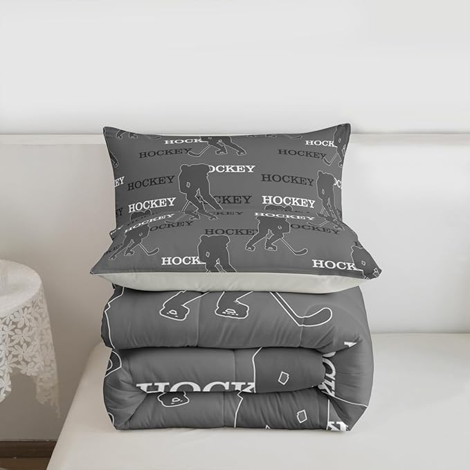 Hockey Players Comforter Set Full Size, Kids Bedding Set,Ball Activity Game Quilt Comforter,Gray Duvet Insert,2 Pillowcases