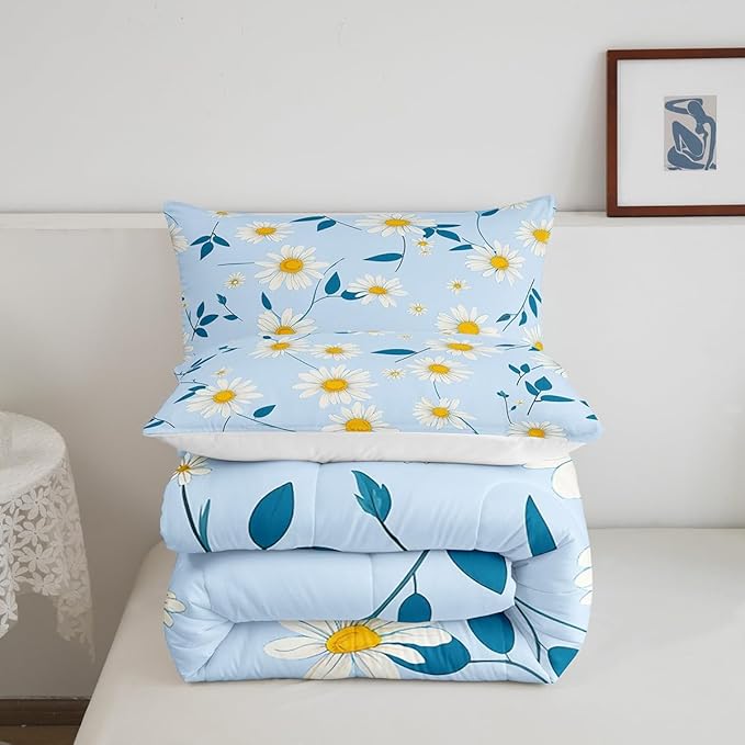 Manfei Cute Daisy Comforter Set King Size, White Flower Blue Leaves Bedding Set 3pcs for Kids Boys Girls Room Decor, Botanical Floral Quilt Set Soft Polyester Duvet Set with 2 Pillowcases
