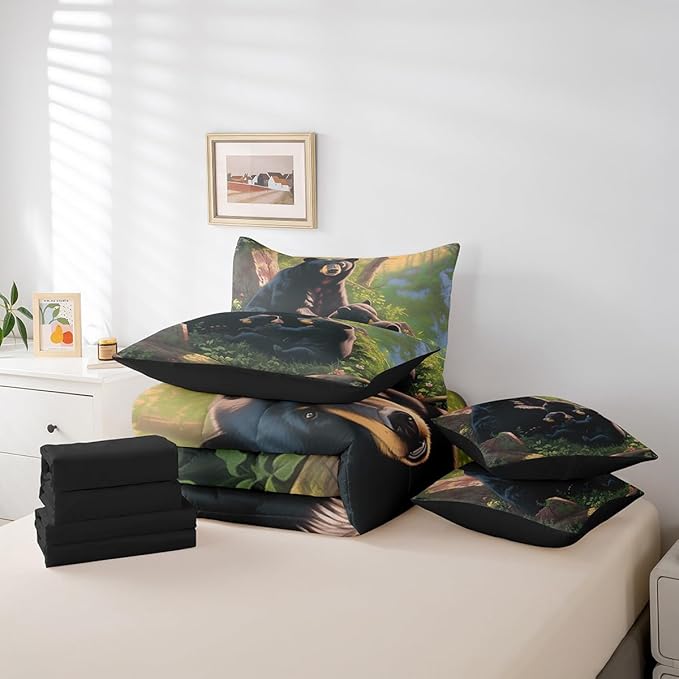 Erosebridal Black Bear King Bedding Set, Wild Animal Bed in A Bag,Bear Decorations for Home Comforter Sets with Sheets, Vintage Rustic Decor 7 Pieces Bed Set Bedroom Decor