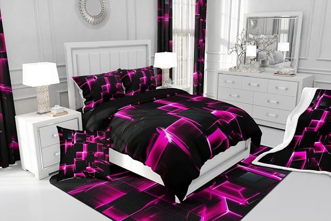 Erosebridal Honeycomb Square Comforter Set for Kids Girls 3D Geometric Square Bedding Twin, Pink Black Neon Lights Bedding Sets, Gradient Print Duvet Insert with 1 Pillow Case