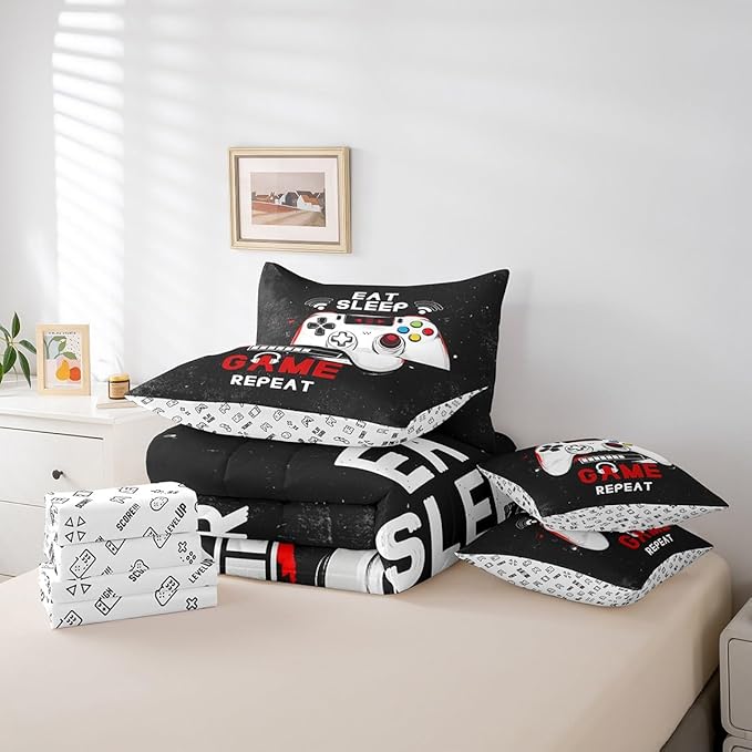 jejeloiu Eat Sleep Game 7 Piece Bedding Set King Size Cartoon Gamer Comforter Set with Sheets for Kids Boys Girls Modern Game Bed in a Bag Black Red Bed Set