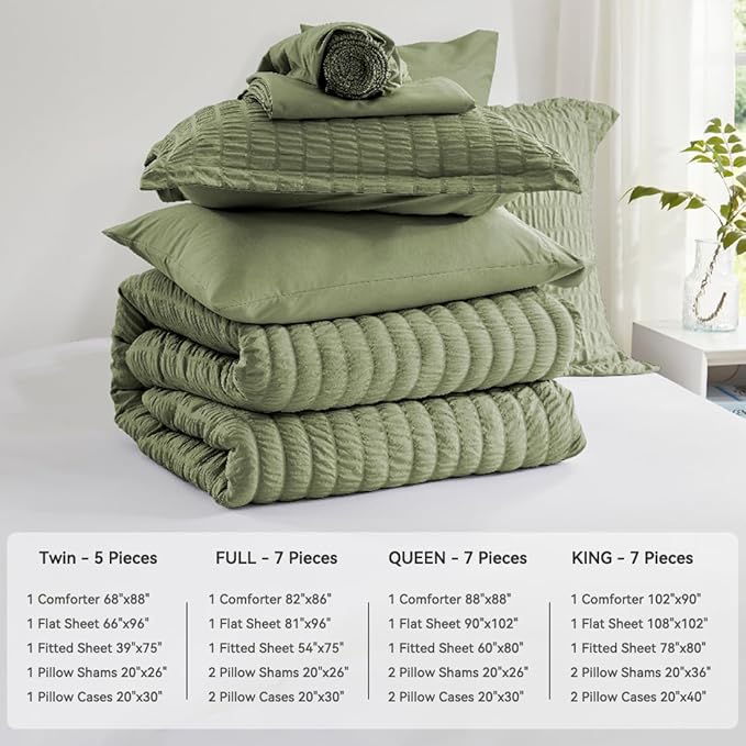 Zzlpp King Size Comforter Set 7 Pieces, Olive Green Seersucker Bed in a Bag with Sheets, All Season Bedding Sets with 1 Comforter, 2 Pillow Shams, 2 Pillowcases, 1 Flat Sheet, 1 Fitted Sheet