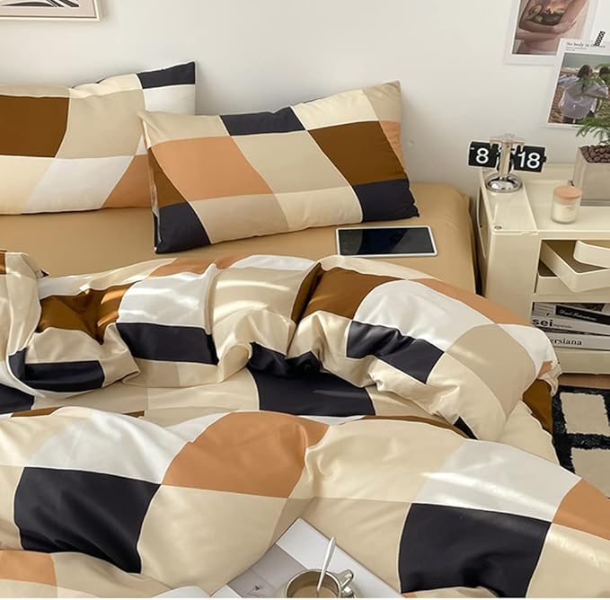 CLOTHKNOW Plaid Comforter Set Twin/Twin XL Brown White Grid Bedding Comfrter Sets Beige Khaki Black Checkere Bedding Sets Geometric Comforter Colorful Plaid