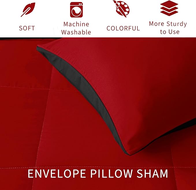 Exclusivo Mezcla Lightweight Reversible Full Queen Size Comforter Set, Down Alternative Comforter with 2 Pillow Sham, Full Queen Size Bedding Set for All Seasons, Red/Black