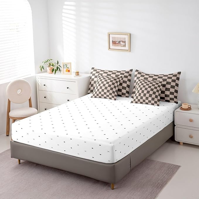 Feelyou Checkered Retro 7 Piece Bedding Set Teen Women Men Gradient Brown Plaid Comforter Set with Sheets Full Size Kids Boys Geometric Vintage Bed in a Bag Modern Simple Groovy Aesthetic Room Decor