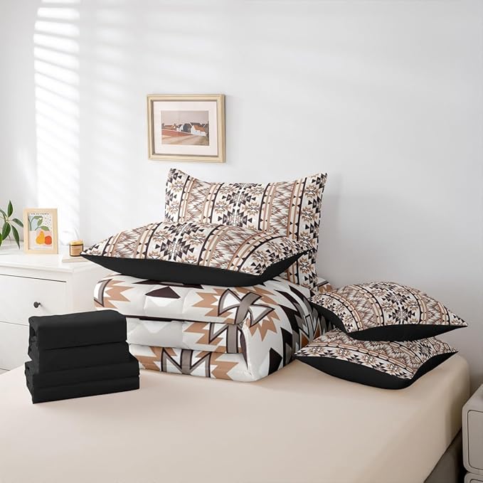 Erosebridal 7 Piece Rustic Western Comforter Set with Sheets Southwestern Aztec Bedding Set Twin Vintage Tribal Bohemian Geometric Bed in A Bag for Women Men Exotic Ethnic Native American Bed Set