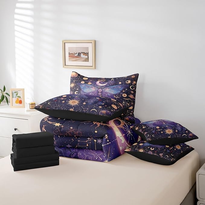 Erosebridal Purple Butterfly Comforter Set King 7 Piece,Gold Sun Moon and Stars Bedding Set Boho Trippy Room Decor,Galaxy Constellation Bed in a Bag with Fitted Sheet,Flat Sheet,Pillowcases & Shams