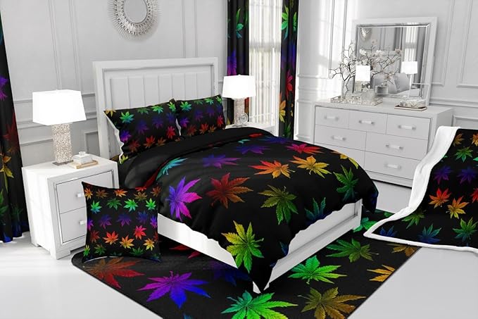 Erosebridal Rainbow Leaf Bedding King, Leaves Comforter Set for Women Girls Men,Nature Botanical Plants Down Comforter,Neon Tie Dye Hippie Bedding Comforter Sets