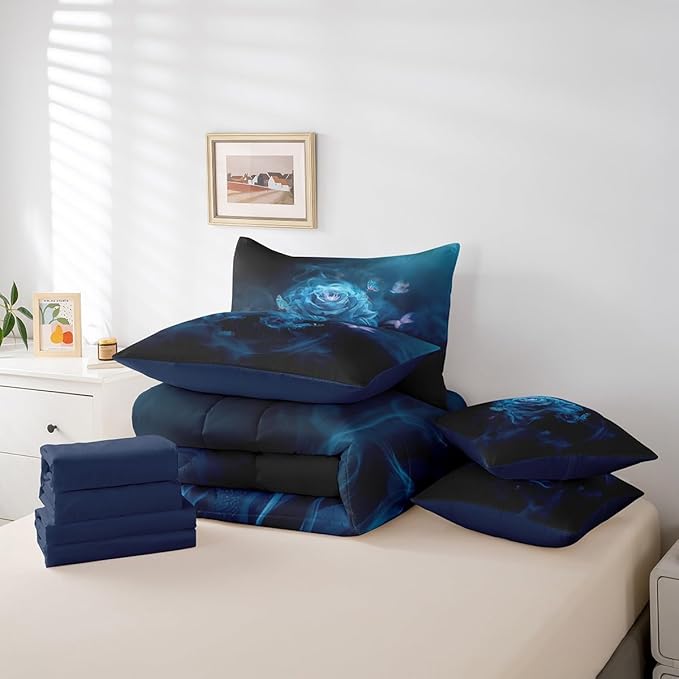 Erosebridal Teal Blue Rose Comforter Set King with Sheets,Mist Flower Bed in a Bag 7Pc Girls Women Bedroom Decor,Trippy Butterfly Bedding Set with Pillowcases & Shams,Valentines Gifts for Couples
