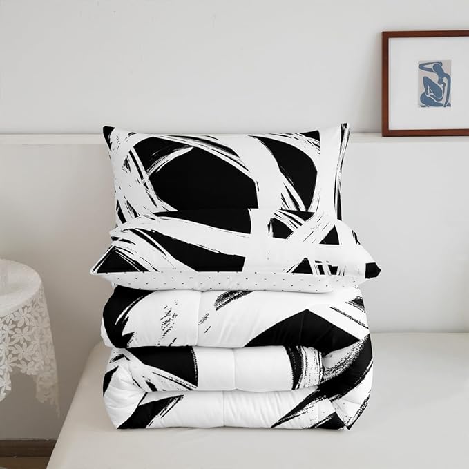 Erosebridal White and Black Abstarct Toddler Bedding Set,Aesthetic Geometric Comforter Set for Minimalists,Graffiti Stripes Lines Quilt,Contemporary Boho Modern Art Duvet Insert for Minimalism