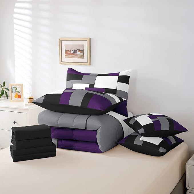 Erosebridal 7 Pcs Purple Black White Comforter Set Full Size,Geometric Bed in a Bag with Flat Sheet and Fitted Sheet for Kids and Adults,Modern Square Bedding Set with Pillowcases and Cushion Cases