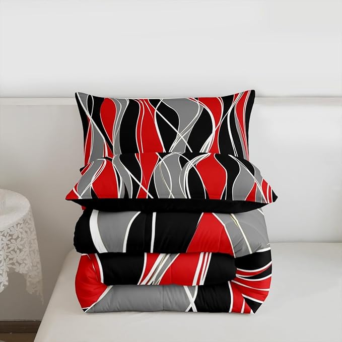 Erosebridal Red Black Stripe Bedding Full Modern Comforter Set, White Gray Bedding Comforter Sets Abstract Line Duvet, Geometric Aesthetic Art Quilted Comforter Ultra Soft Cozy Microfiber 3pcs