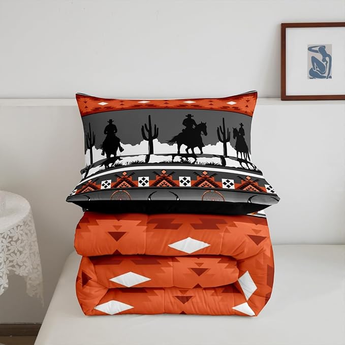 Erosebridal Twin Size Western Horse Comforter Set Longhorn Skull Dream Catcher Boho Bedding Set for Kids Boys Teens Adult Bedroom, Cowboy Aztec Quilt Southwestern Geometric Duvet Insert, Grey