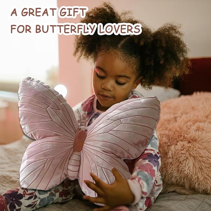 Butterfly Shaped Throw Pillow - Soft Stuffed Seat Cushion Pad, Pink Plush Velvet Decorative Animal Pillow for Couch, Living Room, Bed