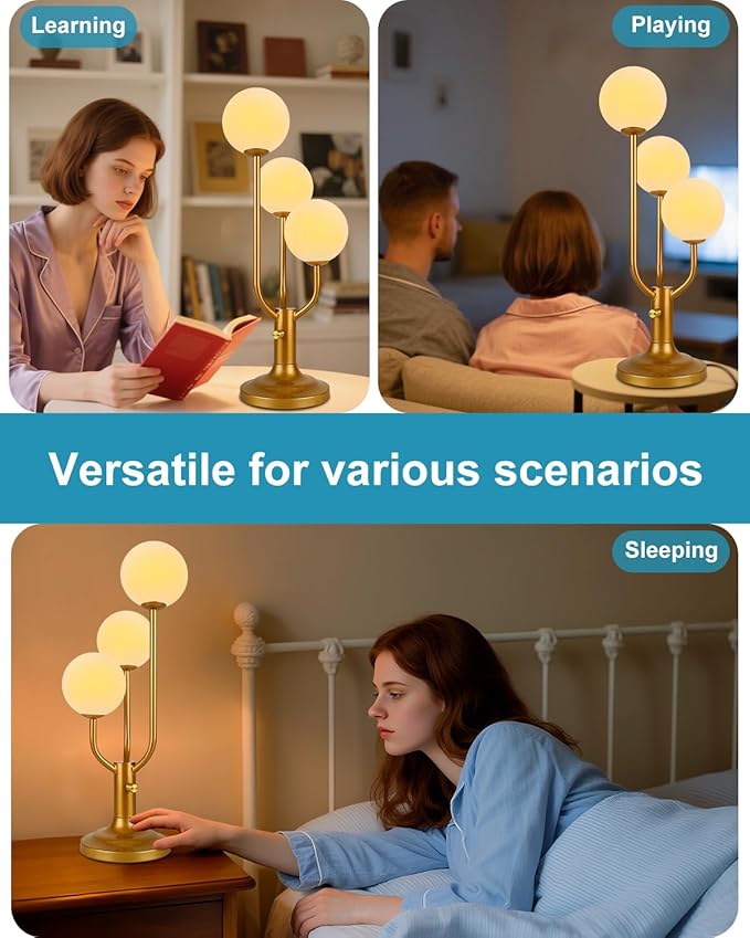 Modern Gold Globe Table Lamp Dimmable Mid Century 3-Light Desk Lamp 3000K Warmwhite Nightstand Lamp for Bedroom Bedside End Table(G9 Bulb Included)