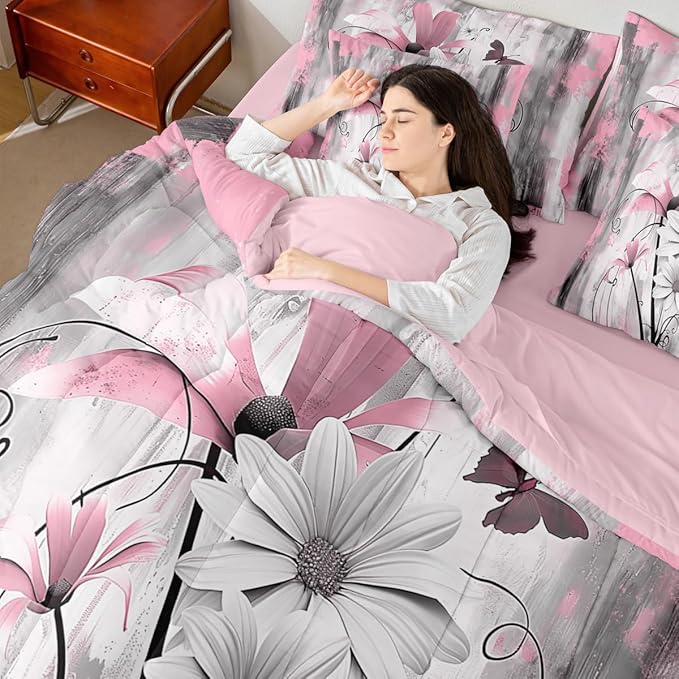 Feelyou Girls Daisy Flower Comforter Set with Sheets Queen Size 7 Pieces Kids Vintage Floral Butterfly Bedding Set for Boys Women Teens Pink Grey White Simple Modern Abstract Art Bed in a Bag