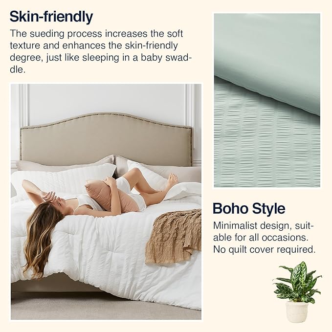 Sagegreen Full Comforter Set - 3 Pieces Seersucker Lightweight Bedding Comforter Sets (1 Soft Fluffy Comforter & 2 Pillowcases) - All Seasons Cozy Farmhouse Bed Sets for Women Men