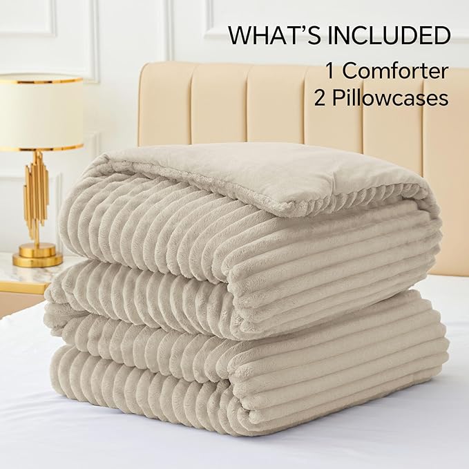 BEDELITE Fleece Queen Comforter Set -Super Soft & Warm Fluffy Linen Bedding, Luxury Fuzzy Heavy Bed Set for Winter with 2 Pillow Cases