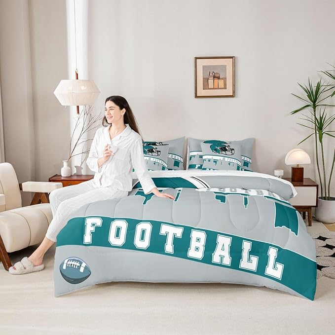 Erosebridal Football 7 Pcs Comforter Set Queen Football City Bedding for Men Grey Football Fans Sheet Set Bed in A Bag Rugby Game Room Decor Sports Ball Competition Quilt