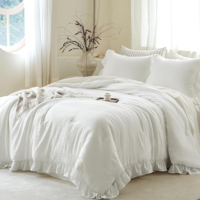 White Ruffle Comforter Set Twin, Pre-Washed Shabby Chic Bedding Set, Lightweight Cottagecore Soft Romantic Cozy 1 Comforter & 1 Sham, All-Season