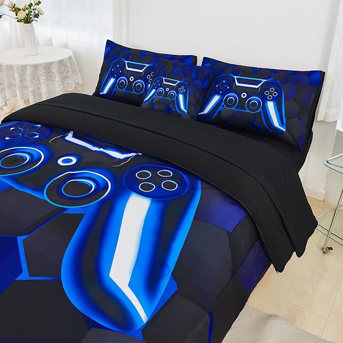 URBONUR Full Size Comforter Sets for Boys Blue Gaming Bed in a Bag 6 Pieces Kids Teen Girls 3D Game Themed Console Printed Room Decor Soft Lightweight Bedding Set