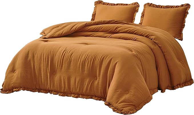 Chezmoi Collection Nora Spice Orange Comforter Set King Size 3-Piece Fluffy Soft Stone-Washed Ruffled Shabby Chic Bedding for All Season