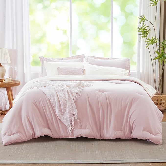 Full Size Comforter Sets for Girls, Pink and White Comforter Reversible, 7 Pieces Soft Bed in a Bag Full with Comforter, Sheets, Pillowcases & Shams, All Seasons Boho Full Bed Set