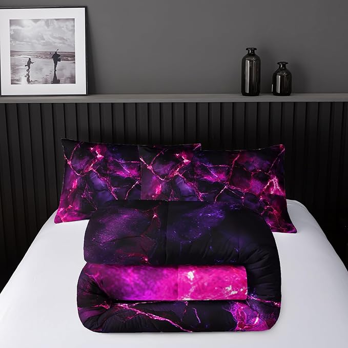 Pink Comforter Set King Size,Pink Marble Bedding Set 3 Pcs Bedding for Adults, Marble Room Decor with Comforter and 2 Pillowcases Soft and Lightweight B-Side Black