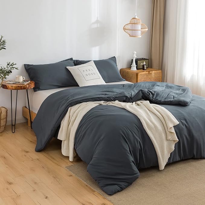 COTTEBED Silky Soft Queen Size Comforter Sets 3 Pieces Blanket Down Comforter with Pillowshams, Lightweight All Season, Washed Polycotton Microfiber for Full Queen Sized Bed, Dark Dusty Blue Grey