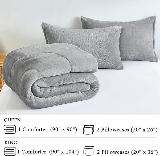 Faux Fur Comforter Set, Ultra Soft Warm Plush Velvet Comforter, Fluffy Fuzzy Fleece Bedding Comforter Sets for Fall Winter, No Shedding, 3PC, Queen Size, Light Grey