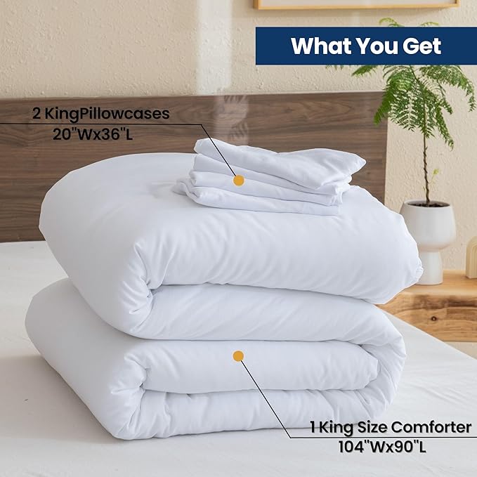 Paxrac Classic Pure White Comforter King Size, 3 Pieces Boho Comforter Set, Lightweight Solid Bedding Set, All Seasons Soft Breathable King Comforter Set (104x90In Comforter & 2 Pillowcases)