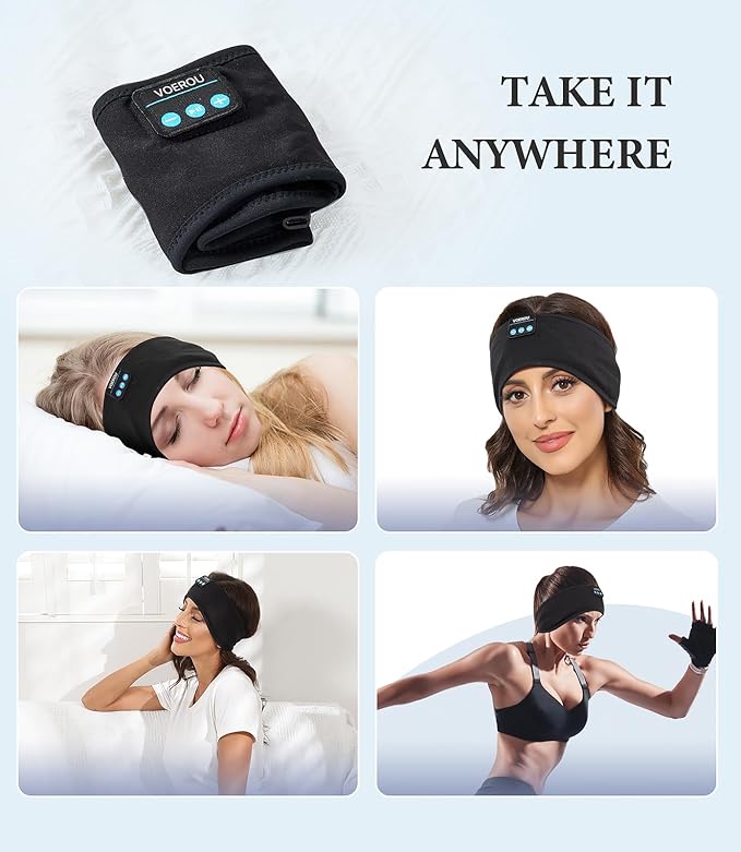 Voerou Sleep Headphones, Adjustable Bluetooth Headband, Ultra-Long Play Time Sleeping Headphones with Built in HD Hi Fi Speakers, Perfect for Sleep, Workout, Tennis, Yoga, Travel, Insomnia