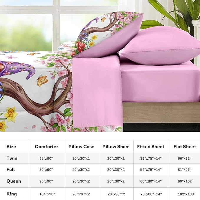 Nesker 7 Pcs Spring Comforter Set King Size, Gnome Flower Bedding Set for Kids and Adults, Pink Cherry Blossoms Tree Bed Sheet Sets with Fitted Sheet 2 Pillowcases & 2 Shams