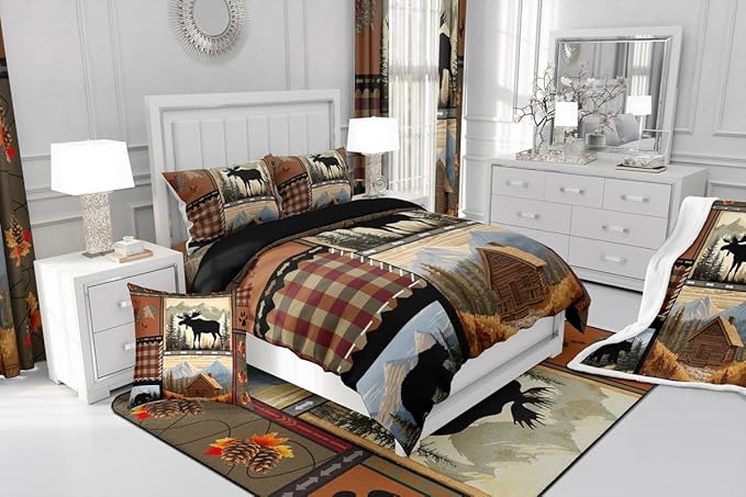 Feelyou Hunting Bear Deer Comforter Queen Size Wild Animal Comforter Set for Boys Girls Children Rustic Cabin Country Bedding Set Room Decor Bear Western Farmhouse Duvet Set 3Pcs