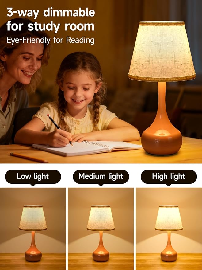 3-Way Dimmable Touch Table Lamps for Nightstand - Small Bedside Lamps with Fabric Shade in Black, Farmhouse Style Desk Lamp for Bedroom, Kids Room, Living Room, Home Office & Reading (Pink)