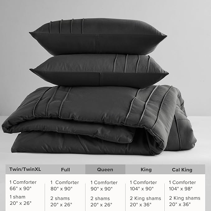 Comfort Spaces Black Queen Size Comforter Set - 3 Pieces Pintuck Pleated Bedding Sets Queen, All Season Lightweight, Extra Softness Pre-Washed Microfiber Queen Bed Set, Shams, Full/Queen