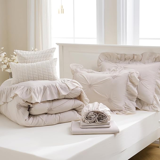 Bedbay Beige Ruffle Comforter Set King Size Ruched Bedding 9 Pcs King Bed in a Bag Pintuck Pinch Pleat Bedding Set Elegant Ruffle Farmhouse Boho Comforter Bed Set for All Seasons