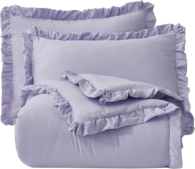 Chezmoi Collection Nora Lavender Comforter Set Oversized King Size 3-Piece Fluffy Soft Lightweight Bedding Ruffled Edge Trim Stone-Washed Microfiber Comforter Set for All Season