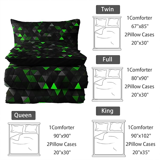 Geometric Green Black Comforter Set,Triangle Honeycomb 3 PCS Bedding Set Queen Size for Teen Adult,Modern Quilt Set Geometry Decor,Microfiber Lightweight 1 Comforter 2 Pillowcases