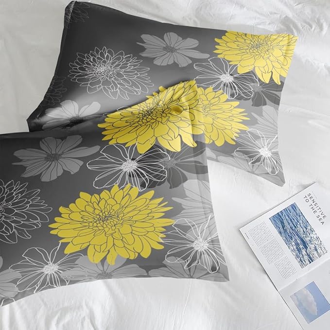 Comforter Set Queen Size, Vintage Flower 7 Pcs Bedding for Kids and Adults, Yellow Botanical Floral Bed Sheet Sets with Fitted Sheet 2 Pillowcases & 2 Shams