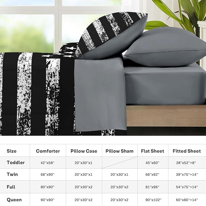 Nesker 7 Pcs Comforter Set King Size, Black White USA American Flag Bedding Set for Kids and Adults, Vintage Stars Stripes Flags Boys Bed Sheet Sets with Fitted Sheet 2 Pillowcases & 2 Shams
