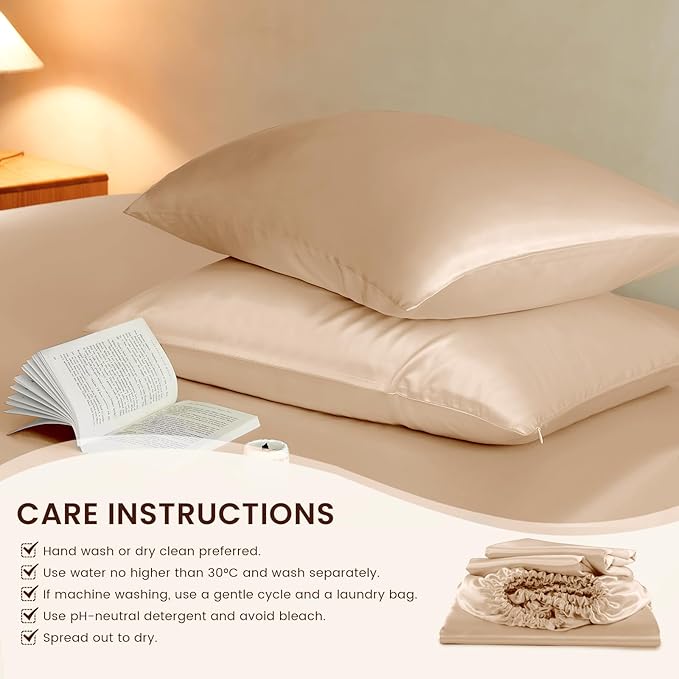 THXSILK Luxury Mulberry Silk Fitted Sheet Set 3 Pcs, Full Silk Bed Sheet Set with 16" Deep Pockets, Soft & Cooling Sheets, 1 Fitted Sheet, 2 Pillowcases with Zipper Closure - Champagne