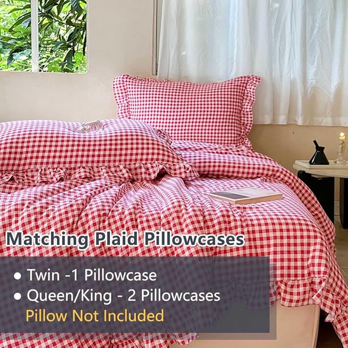 NSNLGSGC Red Ruffle Gingham Comforter Set Twin, Pre-Washed Ruffled Plaid Checked Comforter Bedding, 2 Pieces Vintage Farmhouse Grid Bedding Set(Red Gingham, Twin)
